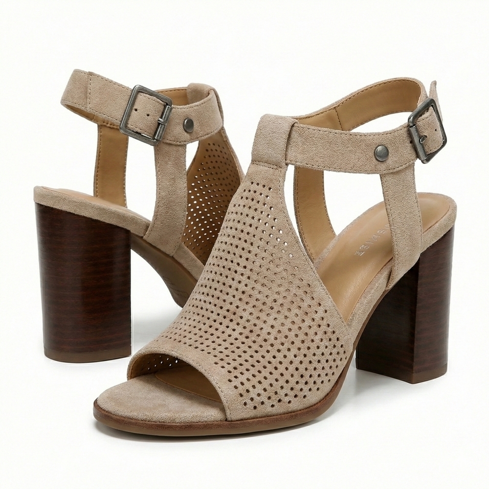 Franco Sarto Tan Perforated Chunky Heel Heels